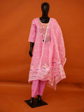 Candy pink handwoven Jamdani cotton 3-piece suit set with neck embroidery and woven dupatta