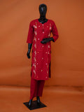 Crimson maroon pure cotton 2-piece kurti pant set with floral thread embroidery