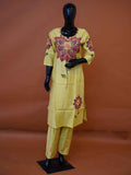 Lime green muslin silk 2-piece kurti pant set with large hand-painted plum floral artwork