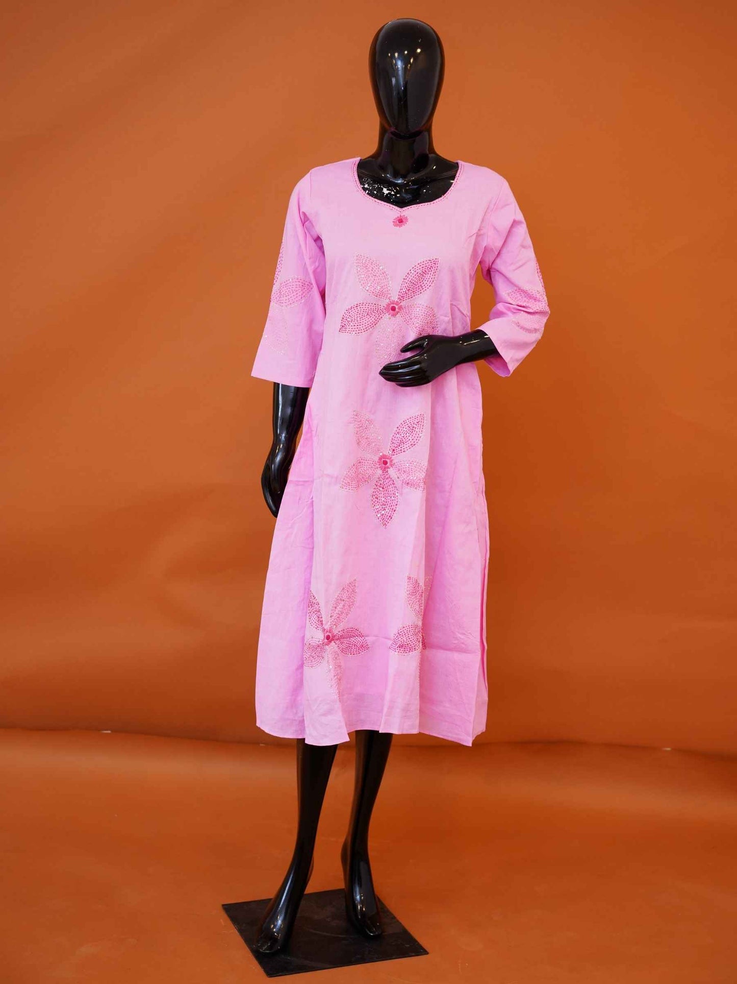 Baby pink cotton flared kurti top with deep pink Kantha floral embroidery