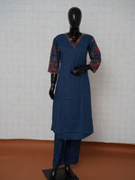 Navy blue pure cotton 2-piece suit set with colorful Kutchi tribal embroidered sleeves