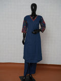 Navy blue pure cotton 2-piece suit set with colorful Kutchi tribal embroidered sleeves