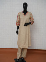 Beige pure cotton 2-piece suit set with colorful Kutchi tribal embroidered sleeves