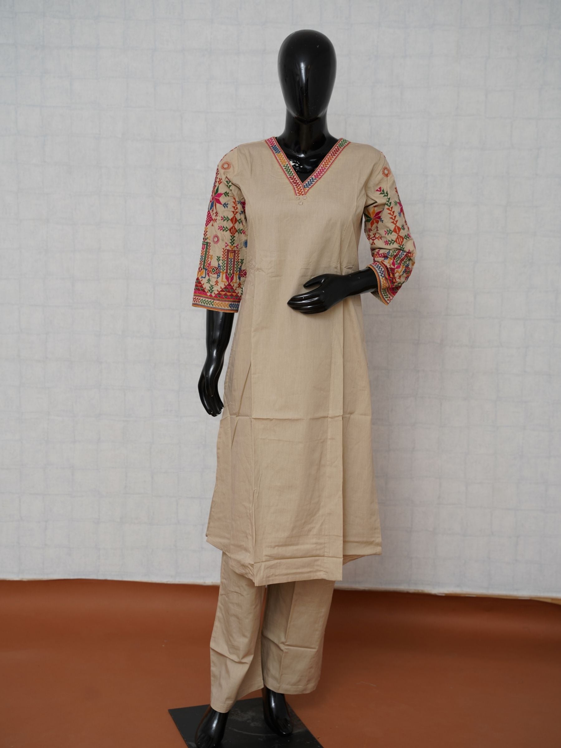 Beige pure cotton 2-piece suit set with colorful Kutchi tribal embroidered sleeves