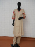 Beige pure cotton 2-piece suit set with colorful Kutchi tribal embroidered sleeves