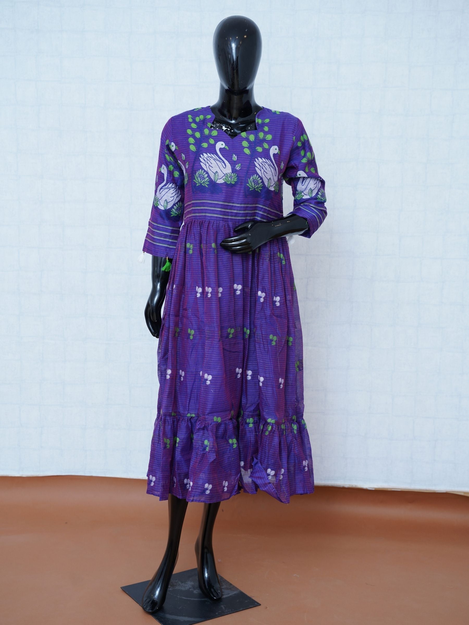 Royal purple Muslin Jamdani flared tunic kurti top with handwoven swan motifs