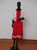 Crimson red Jamdani cotton inner dress paired with off-white printed crop jacket