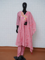 Pastel Pink Chanderi Silk 3-Piece Suit Set with Floral Embroidery & Mirror Work - M to XXL