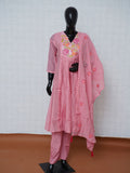 Pastel Pink Chanderi Silk 3-Piece Suit Set with Floral Embroidery & Mirror Work - M to XXL