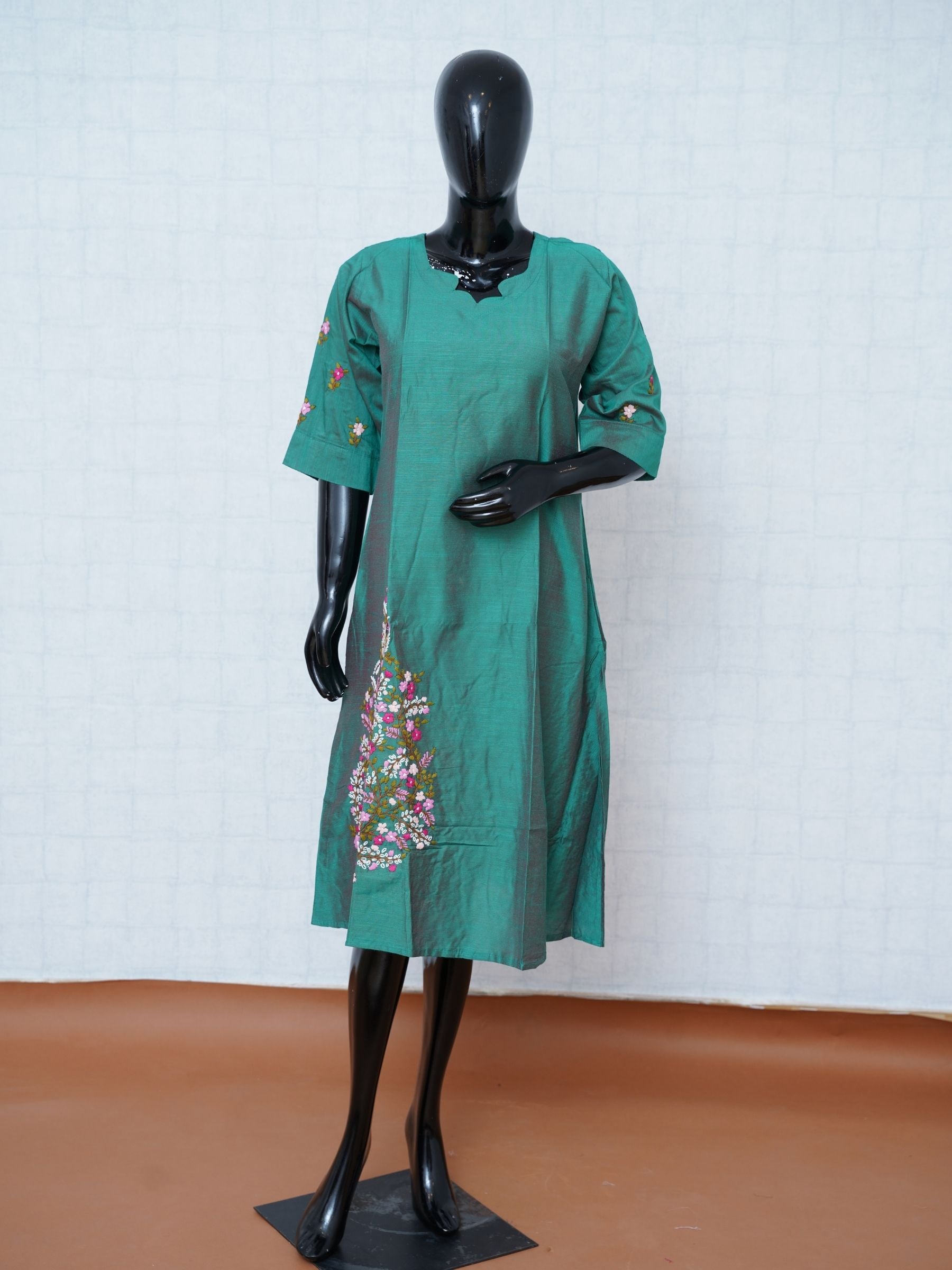 Emerald sea green fancy silk straight kurti top with side floral embroidery