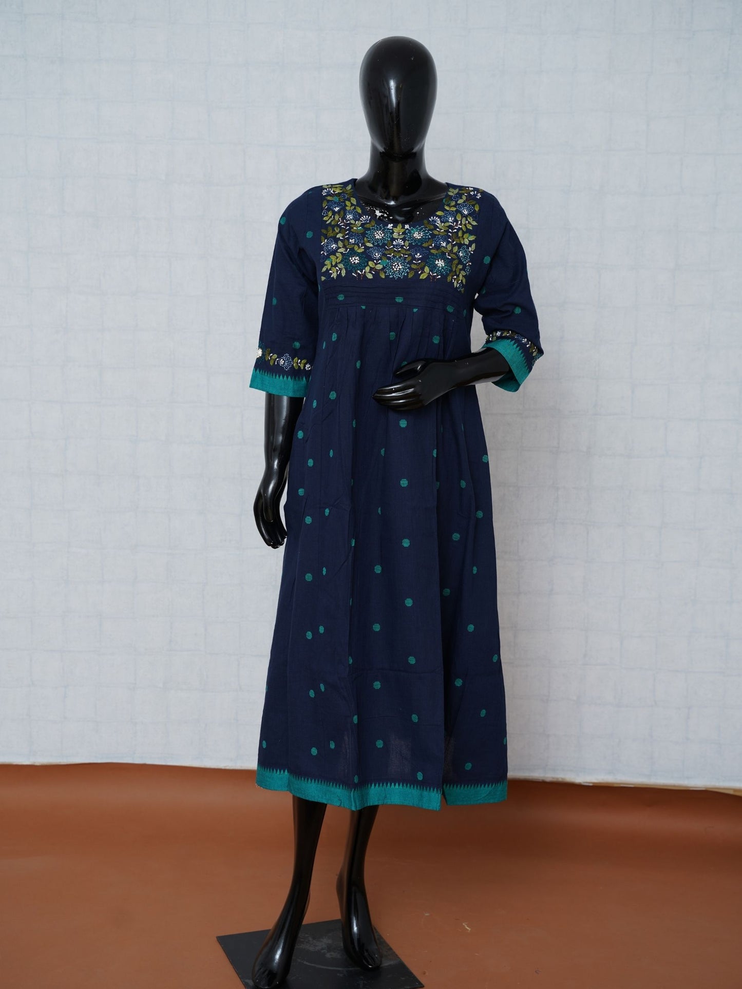 Navy blue Jamdani cotton flared tunic kurti top with floral embroidered yoke