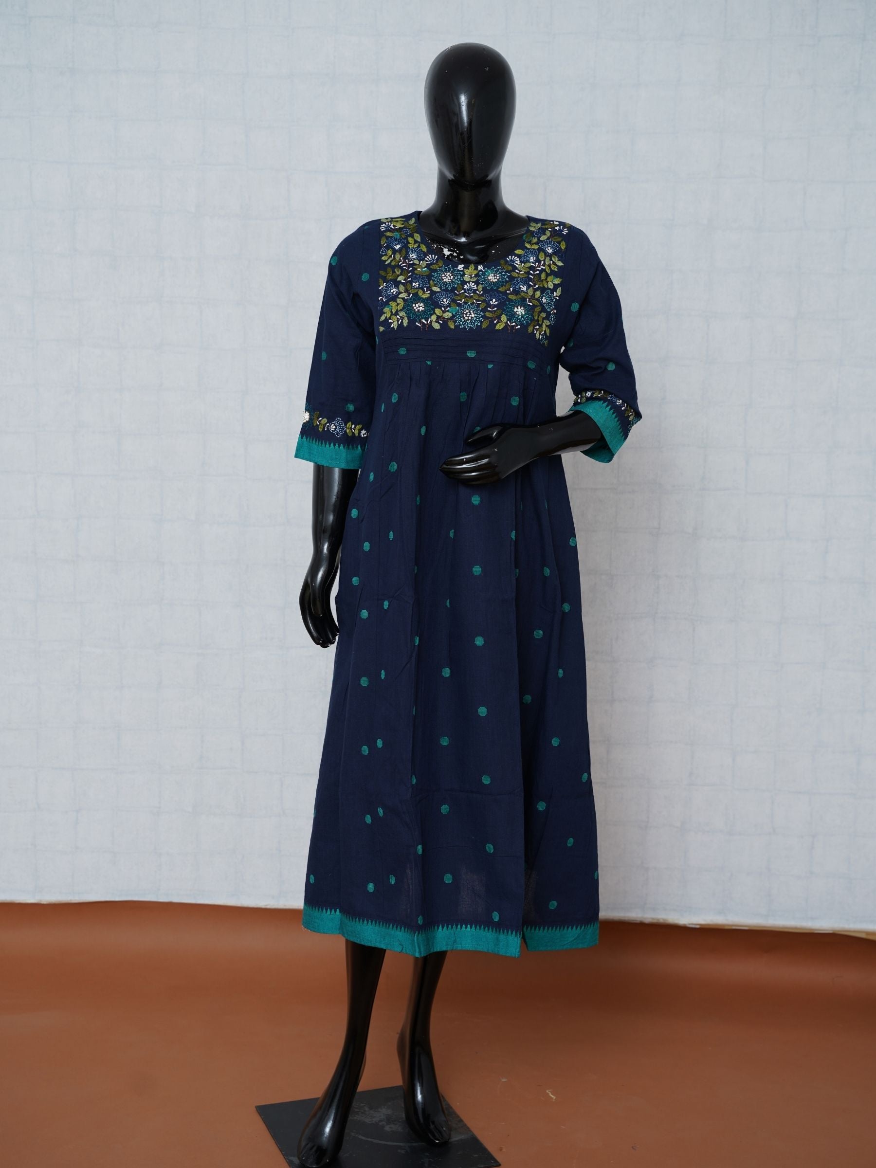 Navy blue Jamdani cotton flared tunic kurti top with floral embroidered yoke