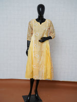 Sunshine yellow gingham check and daisy floral Kota cotton flared tunic kurti top
