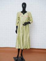 Light olive green soft rayon flared tunic kurti top with scalloped floral embroidery