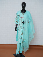Aqua blue flax cotton 3-piece suit set with floral branch and bird embroidery