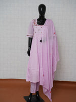 Lavender pink mul cotton 3-piece suit set with floral embroidered square neck