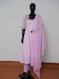 Lavender pink mul cotton 3-piece suit set with floral embroidered square neck