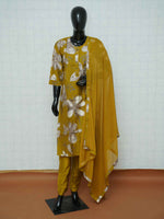 Mustard yellow Vatican silk 3-piece suit set with grey and beige bold floral prints