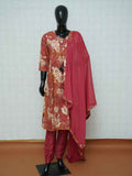 Rose pink Vatican silk 3-piece suit set with cream botanical floral prints