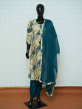 Off-white and dark teal Vatican silk 3-piece suit set with diagonal batik prints