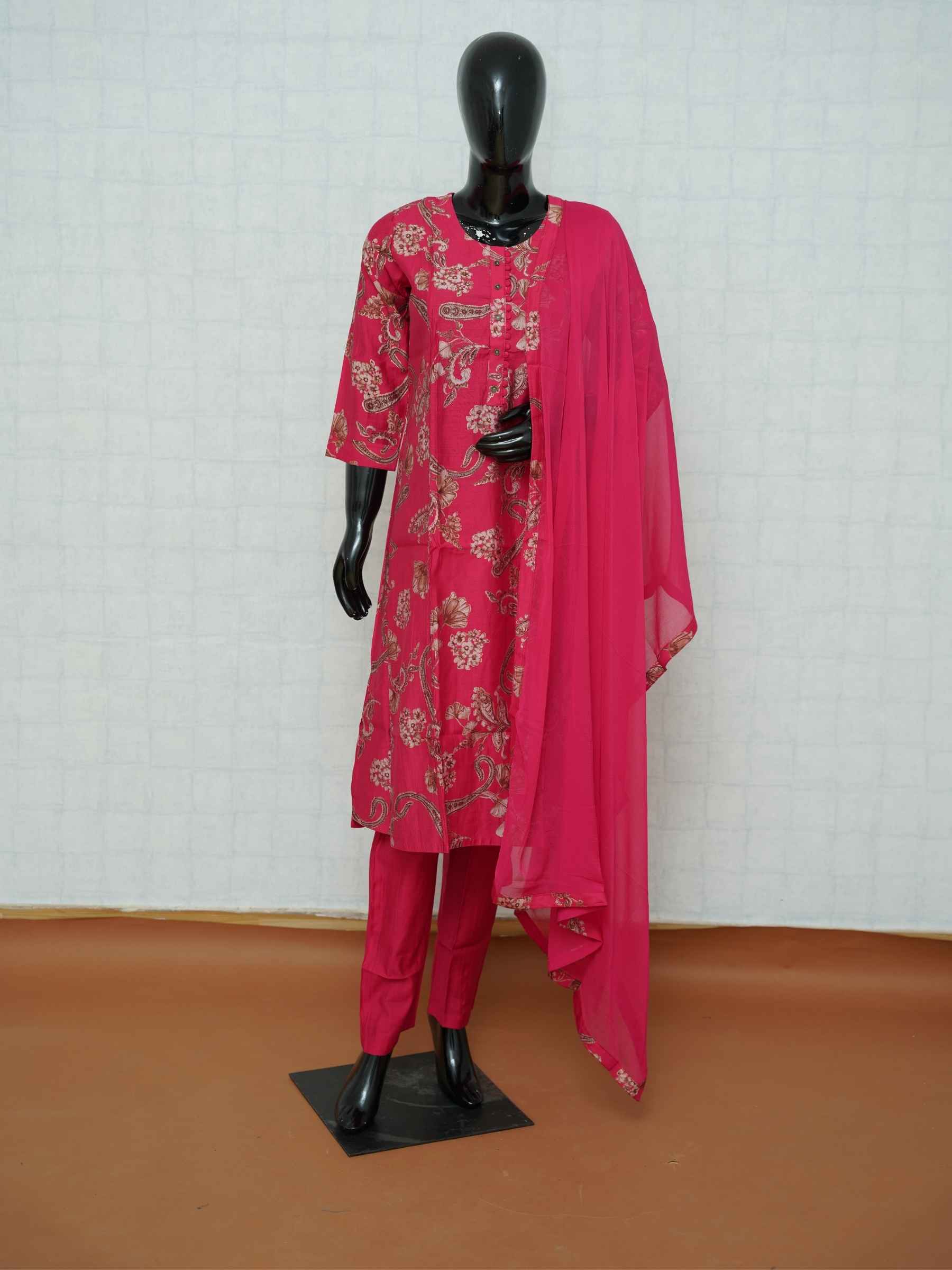 Bright pink Vatican silk 3-piece suit set with beige floral and paisley prints