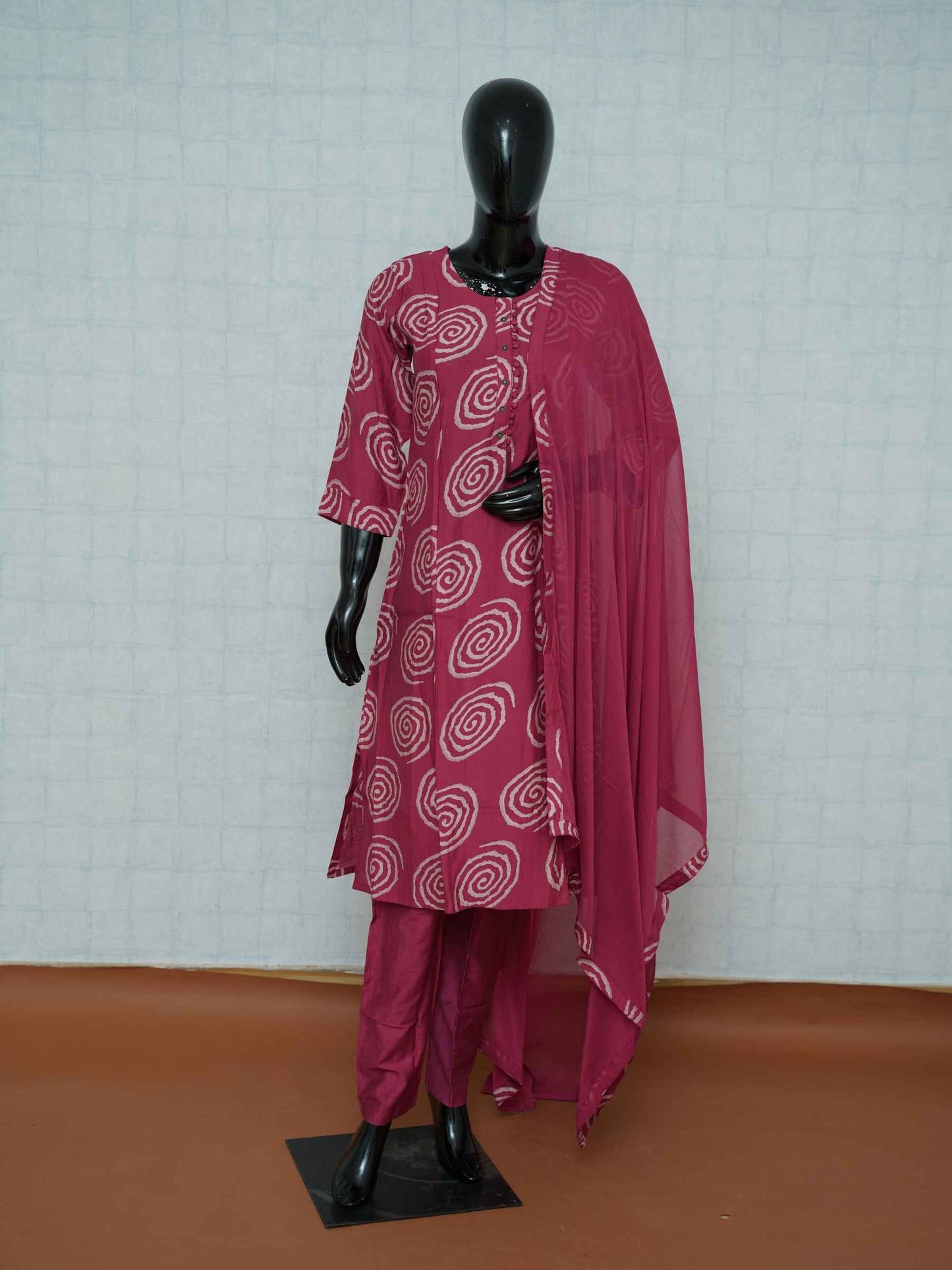 Magenta pink Vatican silk 3-piece suit set with off-white spiral swirl batik prints