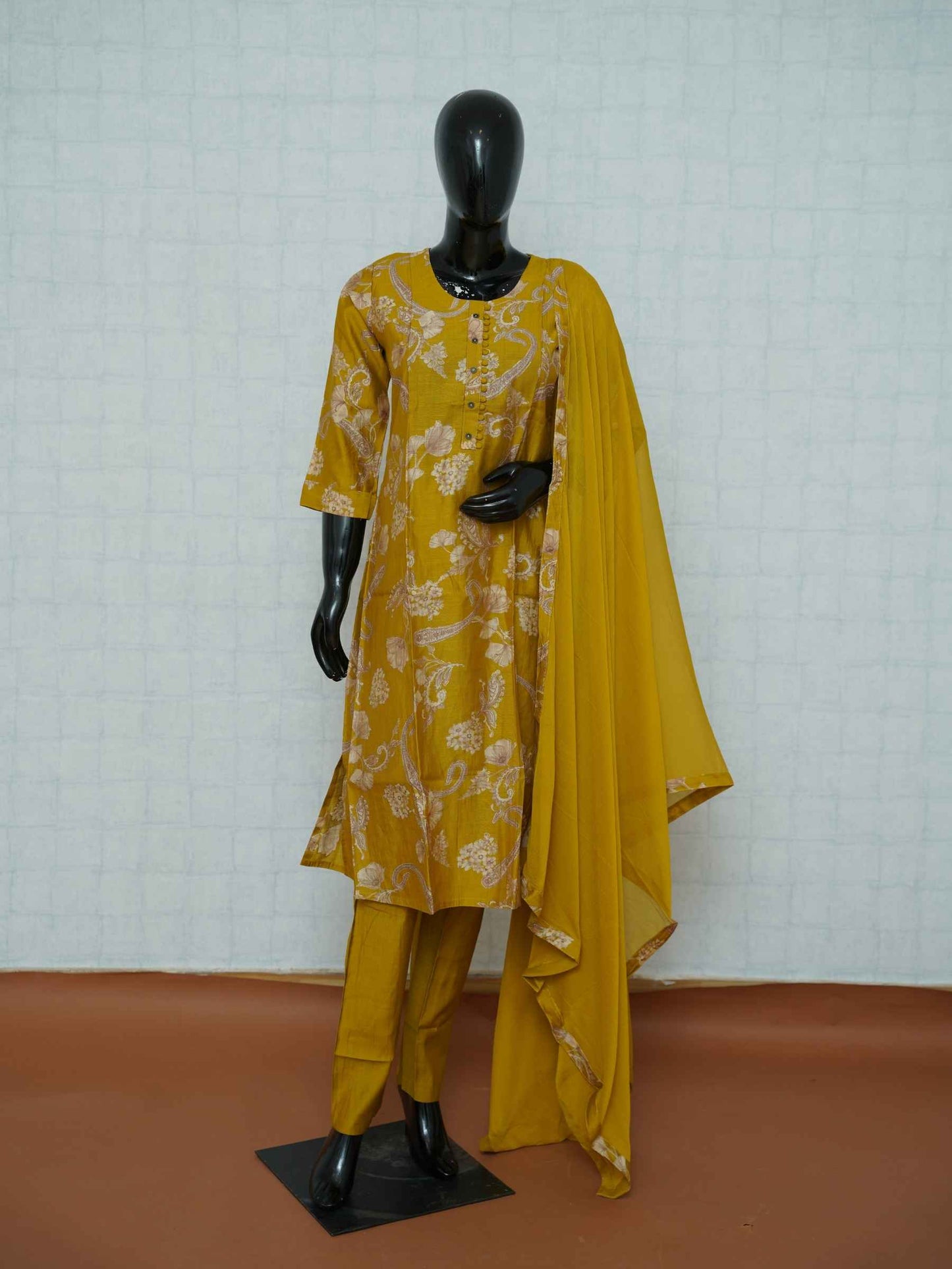 Mustard yellow Vatican silk 3-piece suit set with floral and paisley prints