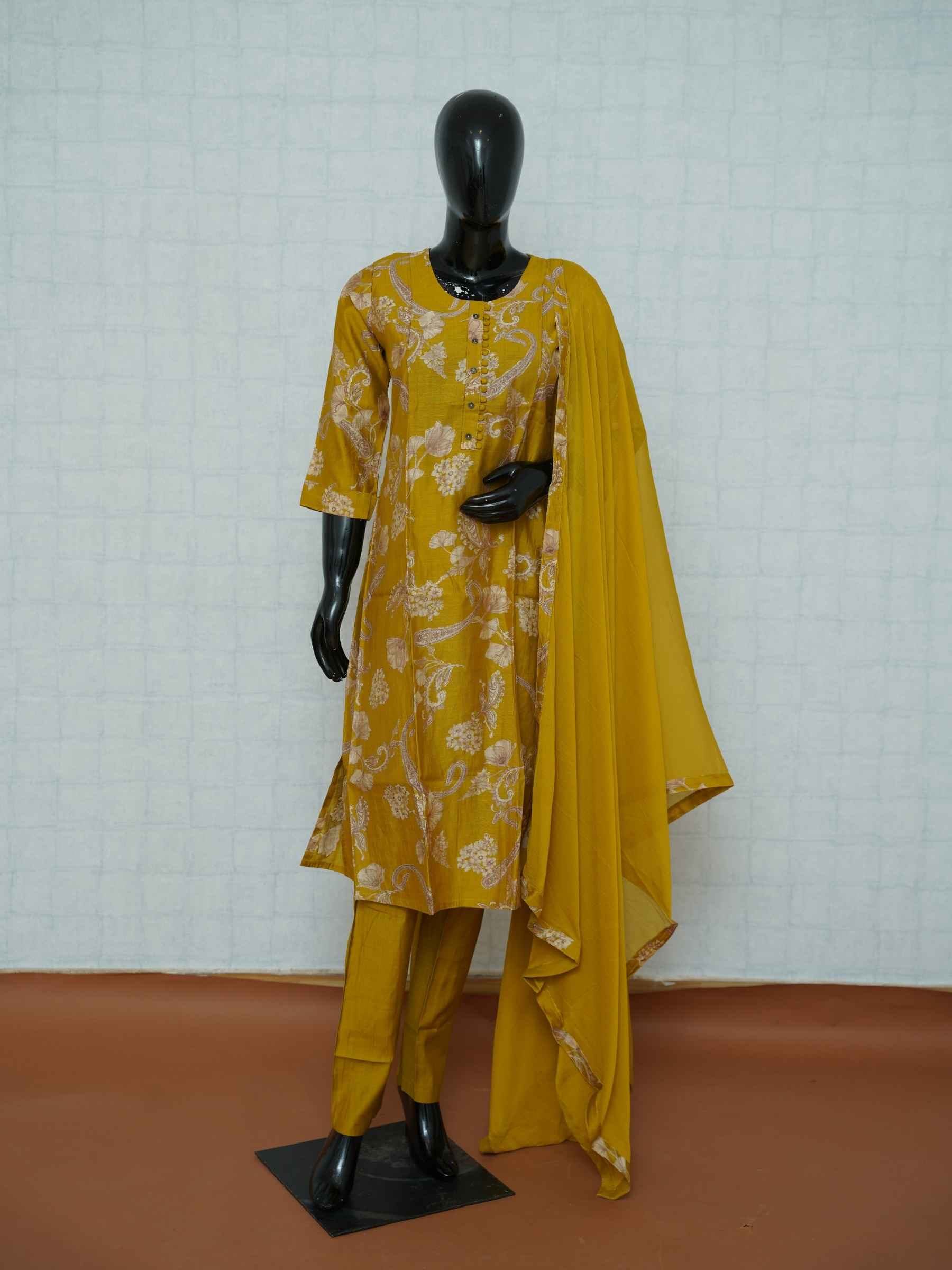 Mustard yellow Vatican silk 3-piece suit set with floral and paisley prints