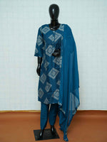 Peacock blue Vatican silk 3-piece suit set with off-white geometric diamond batik prints