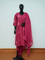 Deep magenta Vatican silk 3-piece suit set with off-white geometric square batik prints