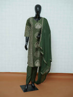 Olive green Vatican silk 3-piece suit set with peacock motif medallions and Bandhani prints