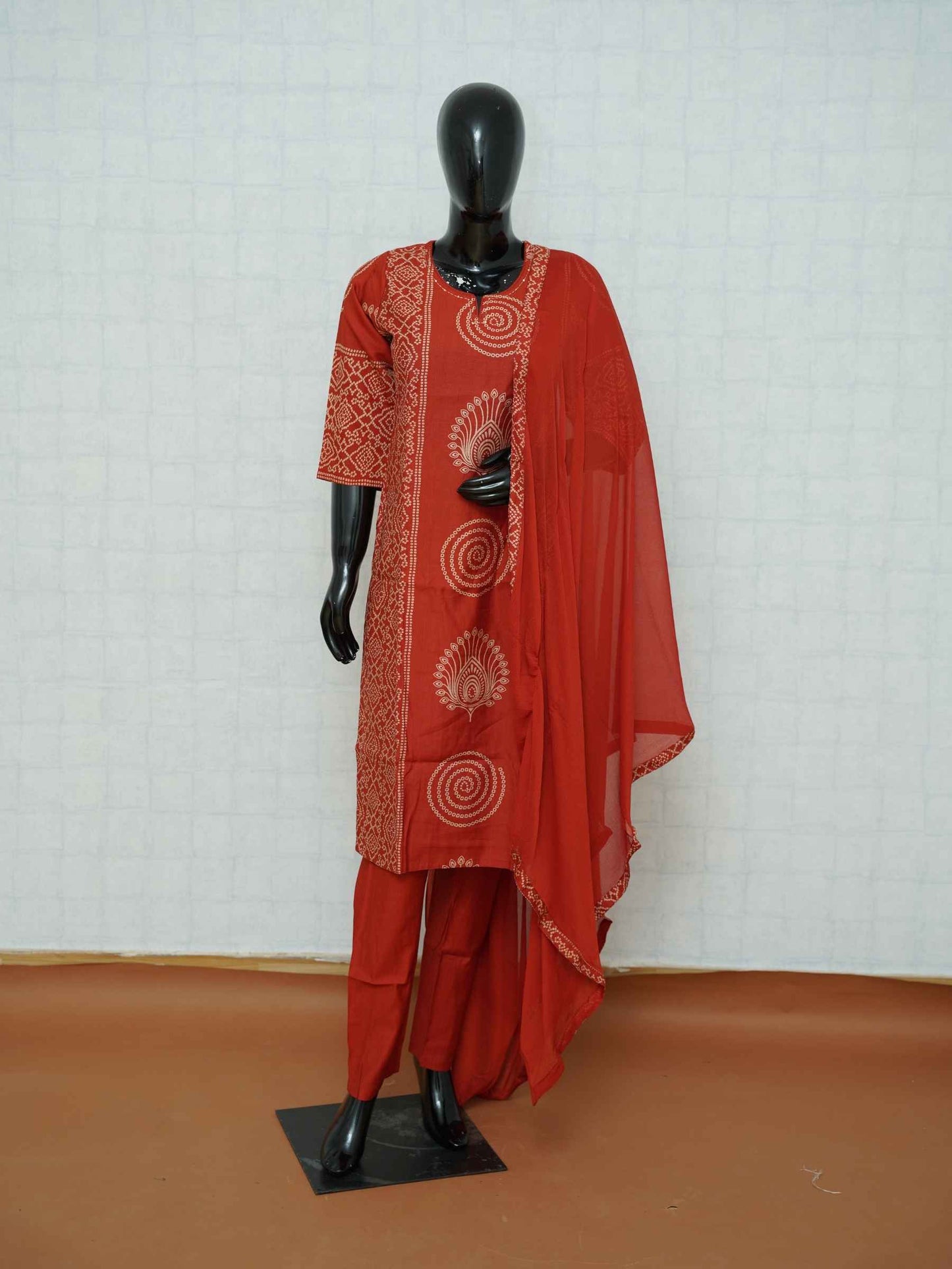 Rust red Vatican silk 3-piece suit set with peacock motif medallions and Bandhani prints
