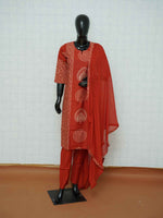 Rust red Vatican silk 3-piece suit set with peacock motif medallions and Bandhani prints