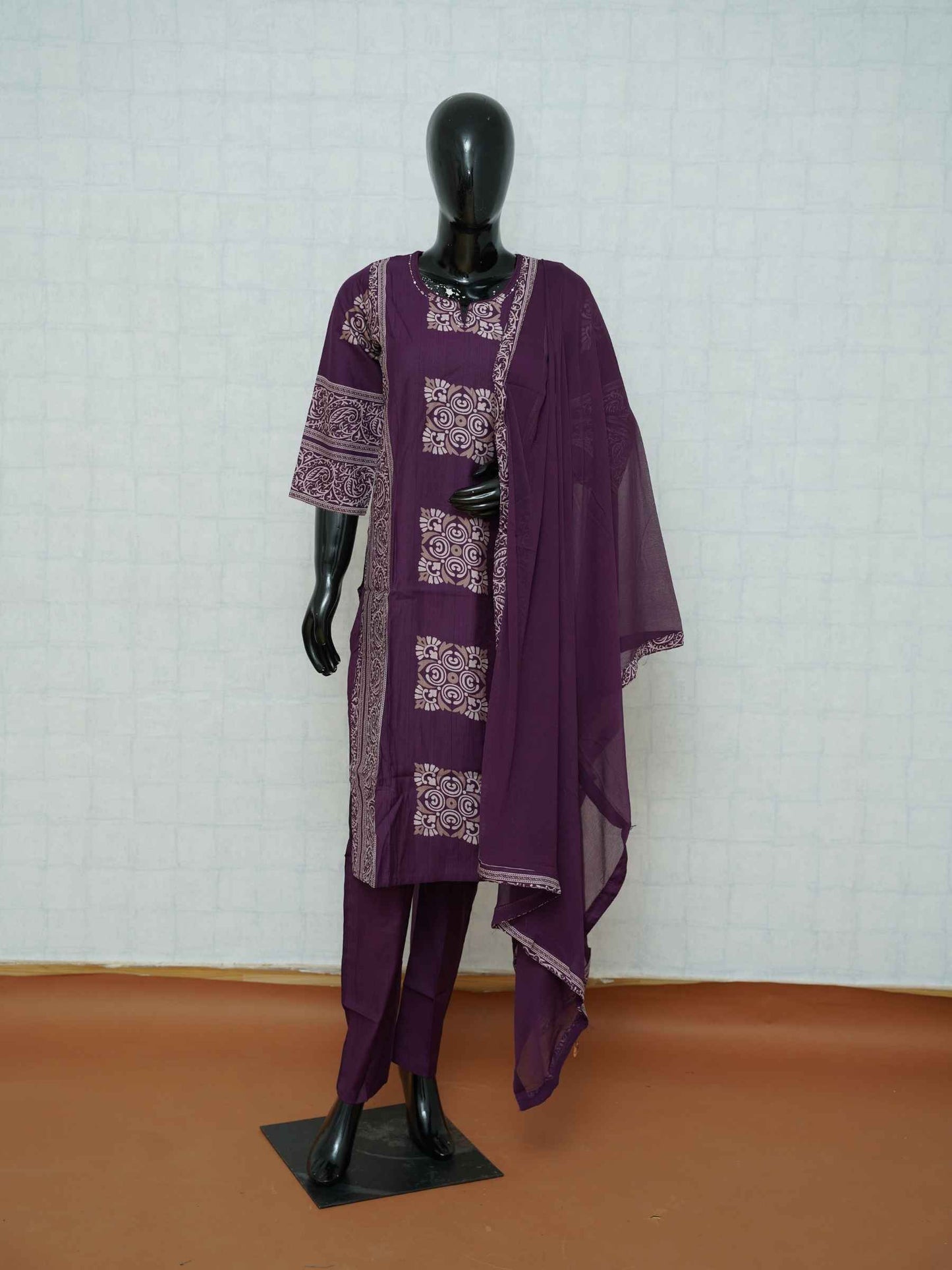 Royal purple Vatican silk 3-piece suit set with spiral medallion prints