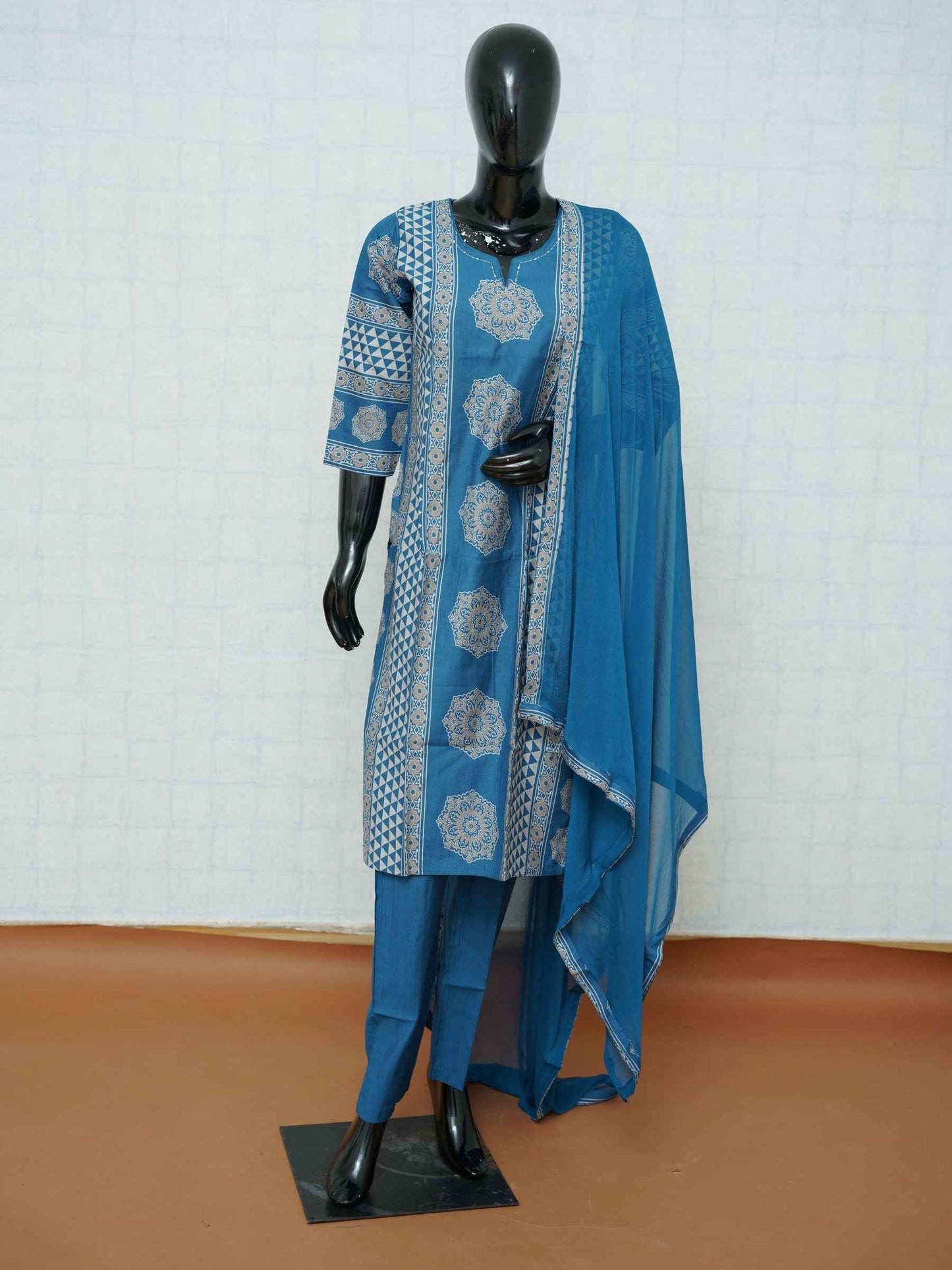 Ocean blue Vatican silk 3-piece suit set with mandala medallions and geometric prints