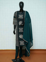 Emerald green Vatican silk 3-piece suit set with peacock motifs and mandala medallion prints