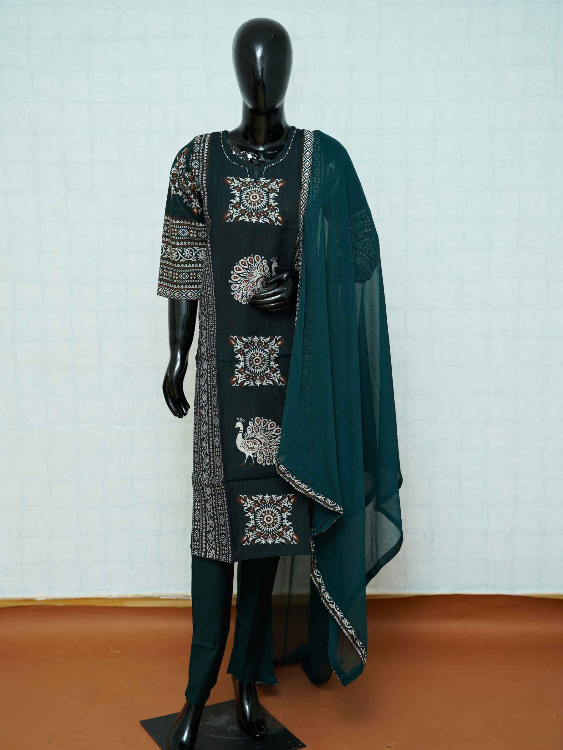 Emerald green Vatican silk 3-piece suit set with peacock motifs and mandala medallion prints