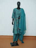 Teal blue Vatican silk 3-piece suit set with floral branch prints