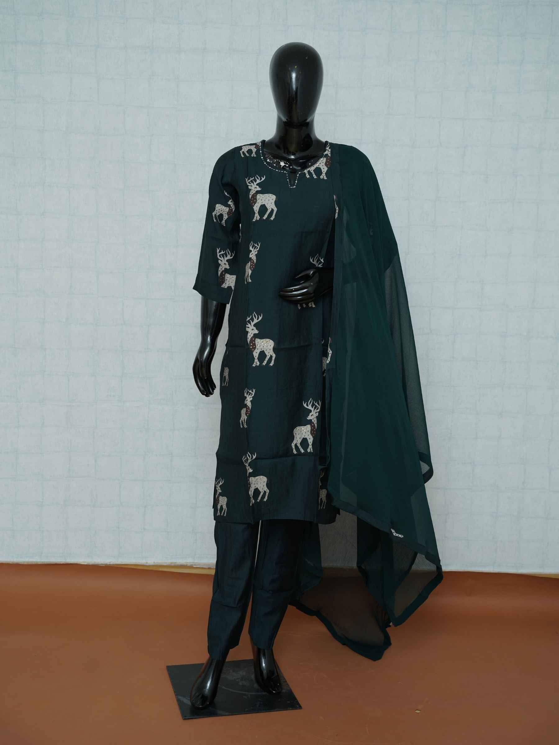 Dark bottle green Vatican silk 3-piece suit set with printed deer motifs