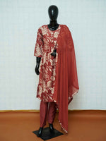 Maroon red Vatican silk 3-piece suit set with beige floral and leaf prints