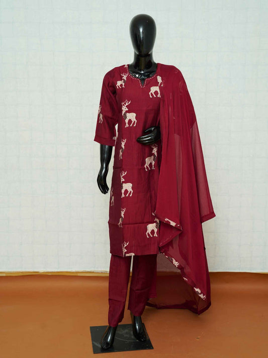 Deep burgundy Vatican silk 3-piece suit set with off-white deer motifs