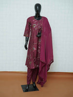 Wine purple Vatican silk 3-piece suit set with metallic floral branch prints