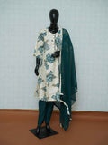 Off-white Vatican silk 3-piece suit set with large teal green floral prints