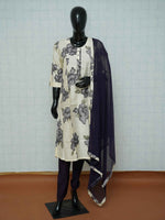 Cream and deep purple Vatican silk 3-piece suit set with large floral prints