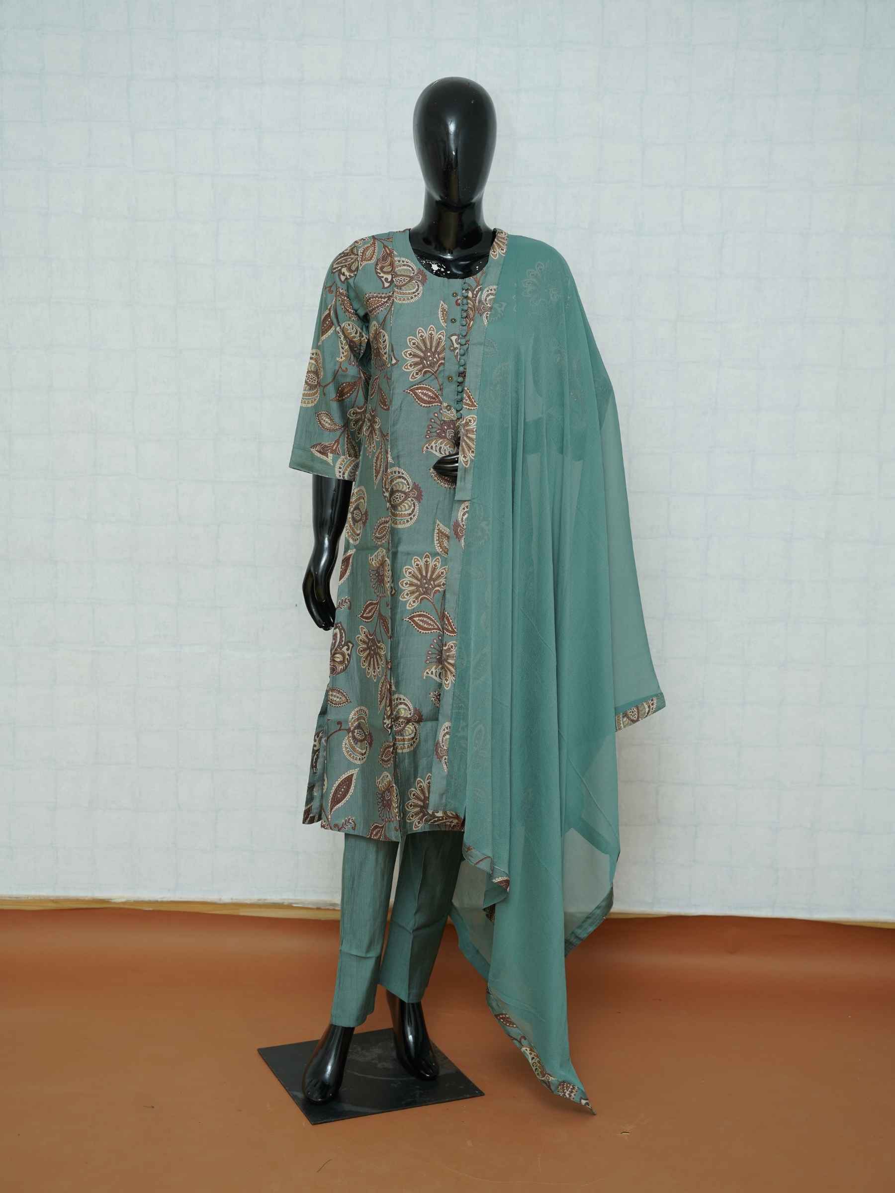 Sea green Vatican silk 3-piece suit set with brown floral paisley prints