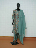 Sea green Vatican silk 3-piece suit set with brown floral paisley prints