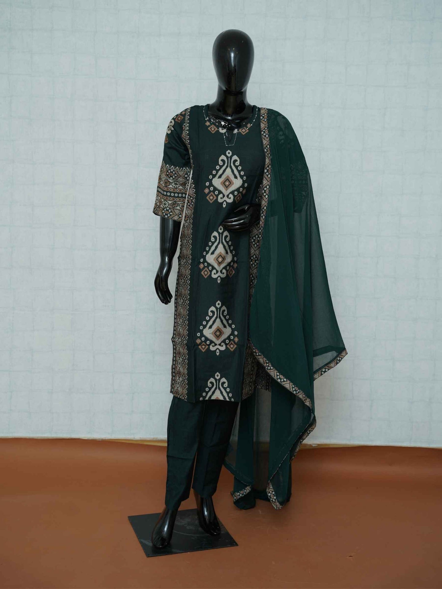 Dark bottle green Vatican silk 3-piece suit set with ikat medallion and geometric prints