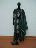Dark bottle green Vatican silk 3-piece suit set with ikat medallion and geometric prints