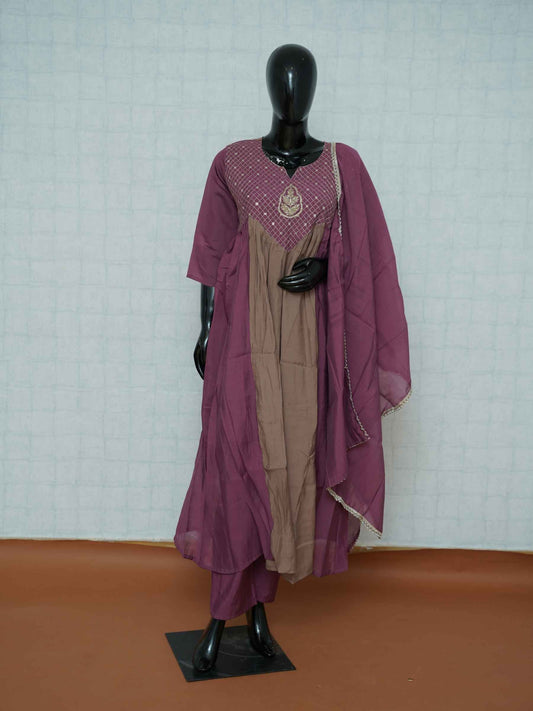 Mauve and taupe color-blocked Maslin silk 3-piece suit set with zari embroidery