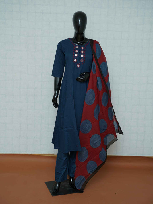 Navy blue Vatican silk 3-piece suit set with mirror work yoke embroidery and rust polka dupatta